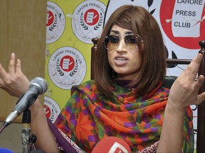 FILE- In this June 28, 2016 file picture, Pakistani social media star Qandeel Baloch speaks during a press conference in Lahore, Pakistan. Pakistani police say they have arrested defamed cleric, Mufti Mohammad Qawi, for alleged involvement in murder of Baloch who was found dead in her home in Multan In July 2016 weeks after she posted bold pictures of herself with the cleric on social media. (AP Photo/M. Jameel, File)