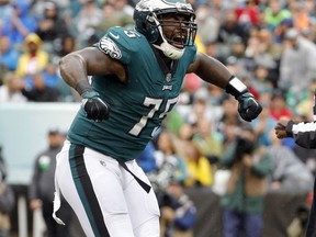 Philadelphia Eagles' Vinny Curry reacts during the first half of an NFL football game against the San Francisco 49ers, Sunday, Oct. 29, 2017, in Philadelphia. (AP Photo/Chris Szagola)