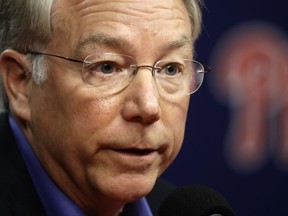 Philadelphia Phillies president Andy MacPhail speaks with members of the media during a news conference in Philadelphia, Tuesday, Oct. 3, 2017. (AP Photo/Matt Rourke)