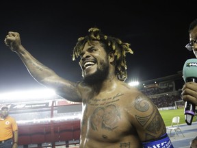 Panama's Roman Torres celebrates his goal against Costa Rica and his team's 2-1 victory at a 2018 Russia World Cup qualifying soccer match in Panama City, Tuesday, Oct. 10, 2017. (AP Photo/Arnulfo Franco)