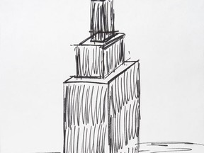 This image provided by Julien's Auctions shows a sketch of the Empire State Building drawn by President Donald Trump that sold for $16,000 at auction on Oct. 19, 2017. The marker depiction of the iconic New York City skyscraper was created by Trump for a charity auction in Florida during the time he opened his Mar-a-Lago estate as a private club in 1995. (Julien's Auctions via AP)