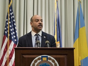 FILE – In this Feb. 10, 2017, file photo, Philadelphia District Attorney Seth Williams speaks during a news conference in Philadelphia. The Pennsylvania Supreme Court disbarred Williams, the city of Philadelphia's former top prosecutor, in a Thursday, Oct. 19 order retroactive to when the court suspended his license on April 13, the latest blow to the jailed ex-district attorney who pleaded guilty in a bribery scandal in June.  Williams faces up to five years in prison at his sentencing scheduled Tuesday, Oct. 24. (AP Photo/Matt Rourke, File)