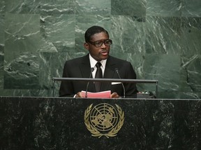FILE - In this Wednesday, Sept. 30, 2015, Teodoro Nguema Obiang Mangue, Vice-President of Equatorial Guinea, speaks during the 70th session of the United Nations General Assembly at U.N. headquarters. A French court on Friday Oct.27, 2017 has handed the son of Equatorial Guinea's president a suspended sentence of three years in prison after he was found guilty of embezzling millions in public money. (AP Photo/Frank Franklin II, File)