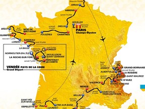 This photo provided Tuesday Oct. 17, 2017 by the Tour de France cycling race organizer Amaury Sport Organisation (ASO) shows the road-map of the 2018 edition. The 105th edition of the race starts on July 7 2018 to end on the Champs-Elysees avenue on July 29. (ASAO via AP)