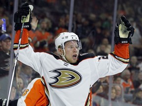 Anaheim Ducks' Ondrej Kase reacts after scoring a goal during the first period of an NHL hockey game against the Philadelphia Flyers, Tuesday, Oct. 24, 2017, in Philadelphia. (AP Photo/Tom Mihalek)
