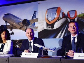 Quebec Deputy Premier and Minister of Economy, Science and Innovation Dominique Anglade, left to right, Bombardier president and CEO Alain Bellemare and president Canada and chief operating officer of North America for Airbus Helicopters Romain Trapp speak to the media during a press conference in Montreal on October 16, 2017. Bombardier Inc. has announced it will partner with Netherlands-based aerospace giant Airbus on its CSeries program. THE CANADIAN PRESS/Paul Chiasson