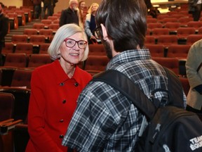 Beverley McLachlin, Chief Justice of the Supreme Court of Canada, speaks with members of the audience the second annual Francis Forbes law lecture at Memorial University of Newfoundland in St. John's on Thursday, October 19, 2017. Canada's top judge says access to justice for poor and marginalized citizens is the biggest challenge to the legal system. Nothing is more precious than a person's liberty, Chief Justice Beverley McLachlin told a public lecture at Memorial University in St John's, N.L., on Thursday. THE CANADIAN PRESS/Paul Daly