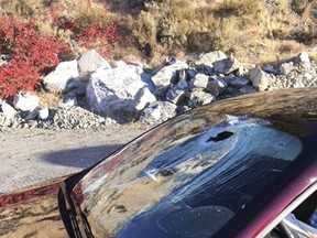 This Oct. 24, 2017, photo provided by the Washington State Patrol shows damage to a vehicle after a bighorn sheep leapt off a hillside and landed on the windshield on Highway 97A south of Chelan, Wash. The driver was not injured, but the sheep was killed. (Washington State Patrol via AP)