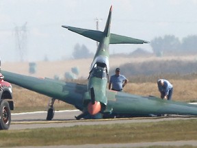 Fire look over a single engine plane crash at the Springbank Airport west of Calgary on Tuesday September 5, 2017.