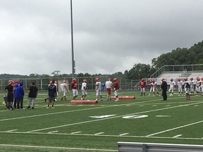 Members of the Centennial High School junior varsity football team practice at the school's varsity stadium in Ellicott City, Md., Wednesday, Sept. 6, 2017. Centennial decided not to field a varsity team this year because not enough boys wanted to play. Nationwide, participation in high school football is declining, in part because of concerns about head injuries. (AP Photo/Ben Nuckols)