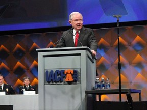 U.S. Attorney General Jeff Sessions speaks at the International Association of Chiefs of Police conference Monday, Oct. 23, 2017, in Philadelphia. Sessions on Monday designated the gang, MS-13, as a "priority" for a federal task force that traditionally pursued cartels and drug kingpins. (AP Photo/Michael Balsamo)