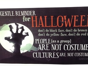 This Thursday, Oct. 26, 2017 photo shows a poster displayed on the University of New Hampshire campus in Durham, N.H., to encourage students avoid Halloween costumes that can be seen as racially or culturally offensive. Administrators at some universities across the country are increasingly concerned that certain costumes are becoming flash points in the campus debate over race and culture. (AP Photo/Michael Casey)