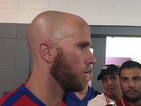 United States men's national team soccer player Michael Bradley speaks to members of the media in Orlando, Fla., Wednesday, Oct. 4, 2017. American players realize the pressure going into Friday's World Cup qualifier against Panama. "Our margin for error is virtually gone," Bradley said. (AP Photo/Ron Blum)