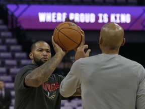 New Orleans Pelicans forward DeMarcus Cousins shoots baskets as he warms up before playing the Sacramento Kings in an NBA basketball game Thursday, Oct. 26, 2017, in Sacramento, Calif. This is the first time Cousins will play in Sacramento since he was traded by the Kings to the Pelicans last season. (AP Photo/Rich Pedroncelli)