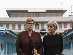Australian Defense Minister Marise Payne, left, speaks as Foreign Minister Julie Bishop listens during their press conference at the border village of Panmunjom in Paju, South Korea, Thursday, Oct. 12, 2017. The foreign and defense ministers of South Korea and Australia will hold talks on Friday expected to discuss North Korea, bilateral cooperation and regional security issues. (AP Photo/Ahn Young-joon)