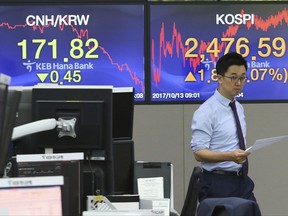 A currency trader walks by screens showing foreign exchange rates at the foreign exchange dealing room of the KEB Hana Bank headquarters in Seoul, South Korea, Friday, Oct. 13, 2017.  Asian stock markets were subdued on Friday following losses on Wall Street as investors awaited corporate earnings and U.S. inflation data. (AP Photo/Ahn Young-joon)