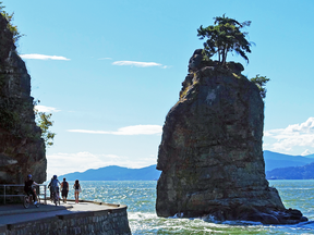 Siwash Rock in Vancouver's Stanley Park. In First Nations culture the rock, estimated to be about 32 million years old, represents a man turned to stone to honour his purity and dedication to fatherhood.