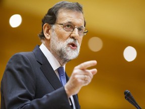 Spanish Prime Minister Mariano Rajoy speaks in the Senate in Madrid, Spain, on Oct. 27, 2017.