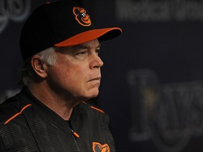 Baltimore Orioles manager Buck Showalter watches from the dugout during the first inning of a baseball game against the Tampa Bay Rays Sunday, Oct. 1, 2017, in St. Petersburg, Fla. (AP Photo/Steve Nesius)