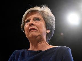 British Prime Minister Theresa May senses things aren't going well as she delivers her keynote speech at the Conservative Party Conference on Oct. 4, 2017 in Manchester.