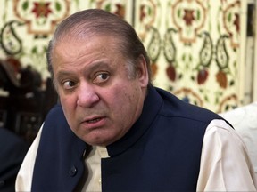 FILE - In this Sept. 26, 2017 file photo, Pakistan's former Prime Minister Nawaz Sharif addresses a news conference in Islamabad, Pakistan. Pakistan's anti-corruption authorities early Monday, Oct. 9, 2017 arrested the son-in-law of former Prime Minister Nawaz Sharif in connection with corruption cases pending against him. (AP Photo/B.K. Bangash, File)
