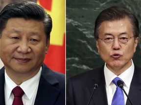 FILE - This combination of the file photos show Chinese President Xi Jinping, left, on Oct 25, 2017 in Beijing and  South Korean President Moon Jae-in on Sept. 21, 2017 at U.N. headquarters. South Korean senior presidential official told a televised briefing Tuesday, Oct. 31, 2017 that President Moon and Xi will talk on the sidelines of an annual regional forum in Vietnam next week. (AP Photo/Ng Han Guan, Richard Drew, File)