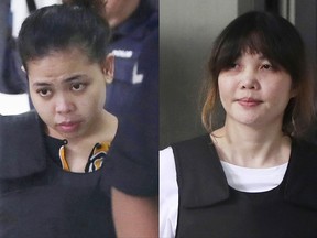 FILE - This combination of the Oct. 2, 2017 file photos shows Indonesian Siti Aisyah, left, and Vietnamese Doan Thi Huong, right, escorted by police as they leave a court hearing in Shah Alam, Malaysia, outside Kuala Lumpur. On Monday, Oct. 9, 2017, the trial of two women accused of murdering the estranged half brother of North Korea's leader enters its second week with the court moving temporarily to a high-security laboratory to view evidence tainted with the toxic VX nerve agent.(AP Photo/Daniel Chan, File)