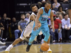Charlotte Hornets guard Kemba Walker (15) controls the ball against Memphis Grizzlies guard Andrew Harrison in the second half of an NBA basketball game Monday, Oct. 30, 2017, in Memphis, Tenn. (AP Photo/Brandon Dill)