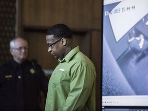Quinton Tellis during day 4 of his trial in Batesville, Miss., Friday, Oct. 13, 2017. Tellis is charged with burning 19-year-old Jessica Chambers to death almost three years ago on Dec. 6, 2014. Tellis has pleaded not guilty to the murder. (Brad Vest/The Commercial Appeal via AP, Pool)