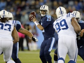 Tennessee Titans quarterback Marcus Mariota (8) passes against the Indianapolis Colts in the first half of an NFL football game Monday, Oct. 16, 2017, in Nashville, Tenn. (AP Photo/Mark Zaleski)