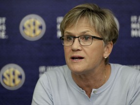 Tennessee head coach Holly Warlick answers questions during the Southeastern Conference women's NCAA college basketball media day Thursday, Oct. 19, 2017, in Nashville, Tenn. (AP Photo/Mark Humphrey)