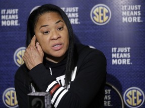 South Carolina head coach Dawn Staley answers questions during the Southeastern Conference women's NCAA college basketball media day Thursday, Oct. 19, 2017, in Nashville, Tenn. (AP Photo/Mark Humphrey)
