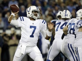 Indianapolis Colts quarterback Jacoby Brissett (7) passes against the Tennessee Titans in the first half of an NFL football game Monday, Oct. 16, 2017, in Nashville, Tenn. (AP Photo/James Kenney)
