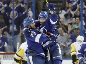 Tampa Bay Lightning right wing Nikita Kucherov (86), of Russia, is lifted up by defenseman Victor Hedman (77), of Sweden, after scoring against the Pittsburgh Penguins during the first period of an NHL hockey game Saturday, Oct. 21, 2017, in Tampa, Fla. (AP Photo/Chris O'Meara)