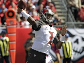Tampa Bay Buccaneers quarterback Jameis Winston (3) throws a pass against the Carolina Panthers during the first quarter of an NFL football game Sunday, Oct. 29, 2017, in Tampa, Fla. (AP Photo/Chris O'Meara)