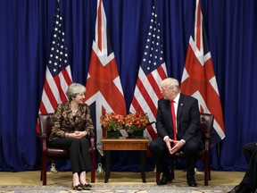 President Donald Trump meets with British Prime Minister Theresa May at the Palace Hotel during the United Nations General Assembly, Wednesday, Sept. 20, 2017, in New York.