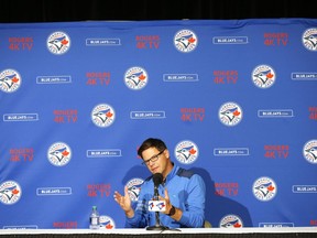 Toronto Blue Jays GM Ross Atkins speaks to reporters at a season-ending press conference on Oct. 3.