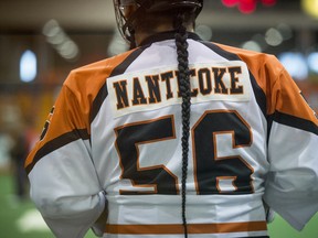 Tehoka Nanticoke, of the Six Nations Arrows, a Canadian Junior "A" box lacrosse team, warms up before a game against the the Toronto Beaches team at the Iroquois Lacrosse Arena in Hagersville, Ont. July 6, 2017.