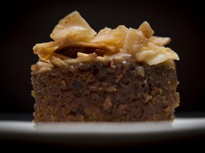 Sticky fig pudding with salted caramel and coconut topping.