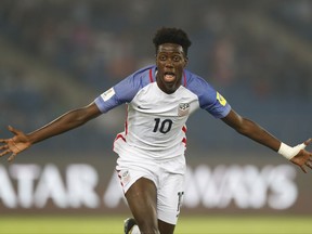 U.S's Timm Weah celebrates a goal against Paraguay during their FIFA U-17 World Cup match in New Delhi, India, Monday, Oct. 16, 2017. (AP Photo/Tsering Topgyal)