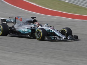 Mercedes driver Lewis Hamilton, of Britain, drives his car during the second practice session for the Formula One U.S. Grand Prix auto race at the Circuit of the Americas, Friday, Oct. 20, 2017, in Austin, Texas. (AP Photo/Eric Gay)