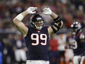 Houston Texans defensive end J.J. Watt (99) reacts after a play during an NFL football game against the Kansas City Chiefs, Sunday, Oct. 8, 2017, in Houston. (AP Photo/David J. Phillip)