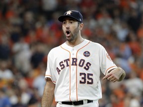 Houston Astros starting pitcher Justin Verlander (35) argues a call during the second inning in Game 1 of baseball's American League Division Series against the Boston Red Sox, Thursday, Oct. 5, 2017, in Houston. (AP Photo/David J. Phillip)