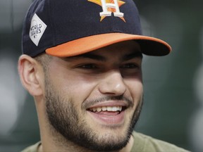 Houston Astros starting pitcher Lance McCullers Jr. (43) looks on during a practice for a World Series baseball game, Thursday, Oct. 26, 2017, in Houston, Texas. McCullers will face the Los Angeles Dodgers in Game 3 Friday. (AP Photo/Eric Gay)