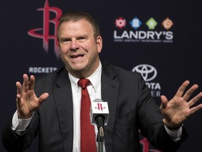 Houston Rockets owner Tilman Fertitta answers a question during an introductory news conference, Tuesday, Oct. 10, 2017, in Houston. (Brett Coomer/Houston Chronicle via AP)