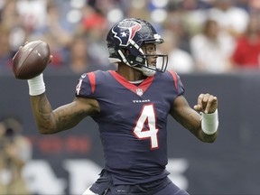 Houston Texans quarterback Deshaun Watson (4) throws a pass in the first half of an NFL football game against the Cleveland Browns on Sunday, Oct. 15, 2017, in Houston. (AP Photo/Eric Gay)