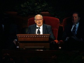 FILE- In this Oct. 2, 2011, file photo, Mormon Elder Robert D. Hales speaks at the 181st Semiannual General Conference in Salt Lake City. Senior Mormon leader Robert D. Hales has died at the age of 85. Church spokesman Eric Hawkins said in a statement that Hales died Sunday, Oct. 1, 2017, in a Salt Lake City hospital surrounded by his wife and family. (Scott Sommerdorf/The Salt Lake Tribune via AP, File)