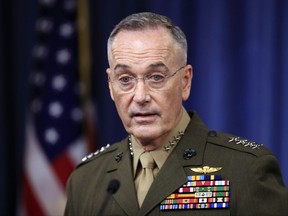 Joint Chiefs Chairman Gen. Joseph Dunford, speaks to reporters about the Niger operation during a briefing at the Pentagon, Monday, Oct. 23, 2017. (AP Photo/Manuel Balce Ceneta)