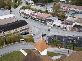This Tuesday, Oct. 10, 2017 photo is an aerial view of downtown Pound, Va. People in Virginia's coal country still love President Donald Trump but are unenthusiastic about his pick to be the next governor of Virginia. Ed Gillespie is a Washington insider who Trump has endorsed in the upcoming Virginia gubernatorial contest. (AP Photo/Steve Helber)