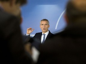 NATO Secretary General Jens Stoltenberg speaks during a media conference after a meeting of the Nato-Russia Council at NATO headquarters in Brussels on Thursday, Oct. 26, 2017. (AP Photo/Virginia Mayo)